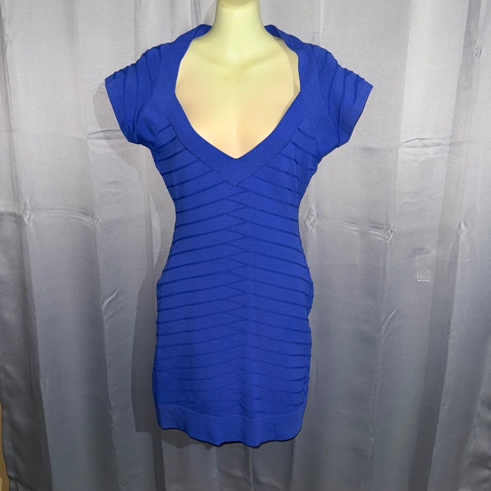 Arden B Bandage Bodycon Mini Dress Lg Royal Blue V-Neck Cap Sleeve Clubwear Y2K